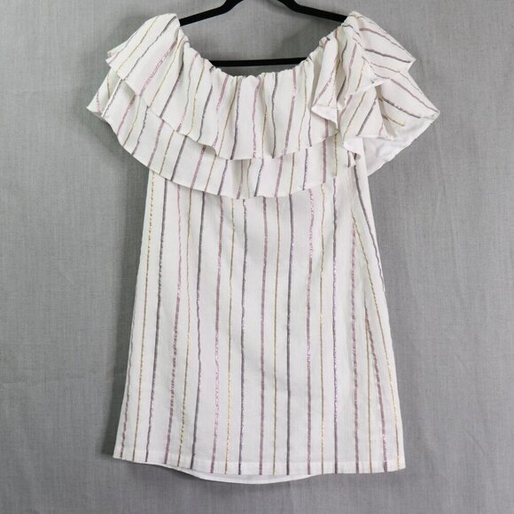 Charles Henry Off Shoulder Dress M White & Metallic Stripe Ruffle Popover Summer - Picture 16 of 16